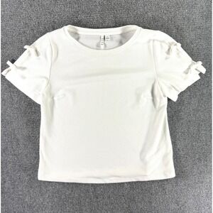 Elle‎ Womens White Textured Honeycomb Knit Short Sleeve Bow Detail Top Size M